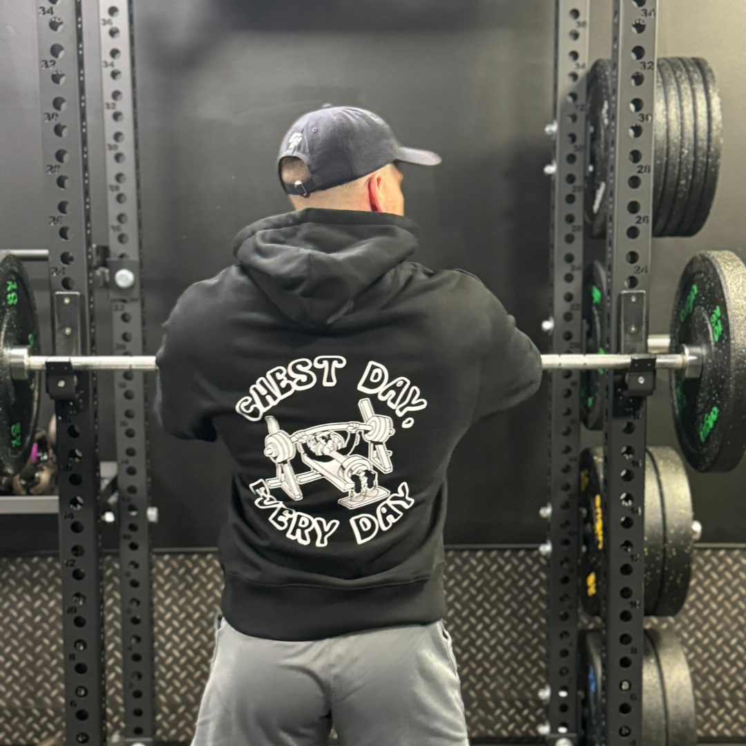 🥈 Chest Day, Every Day - Silver Level on Black Hoodie - Bench press
