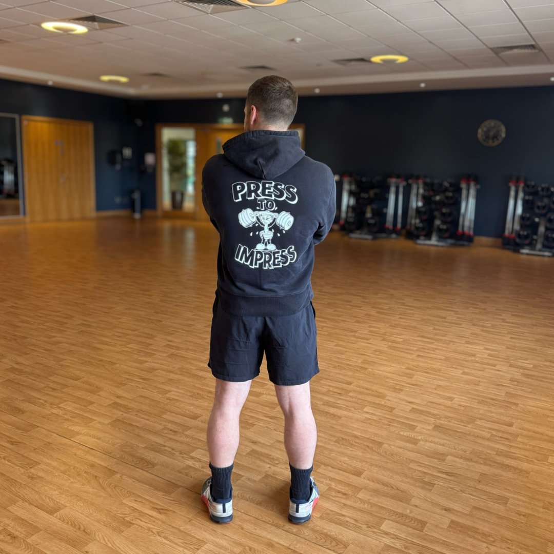 🥇 Press to Impress - Gold Level on Black Hoodie - (Strict) Overhead Press