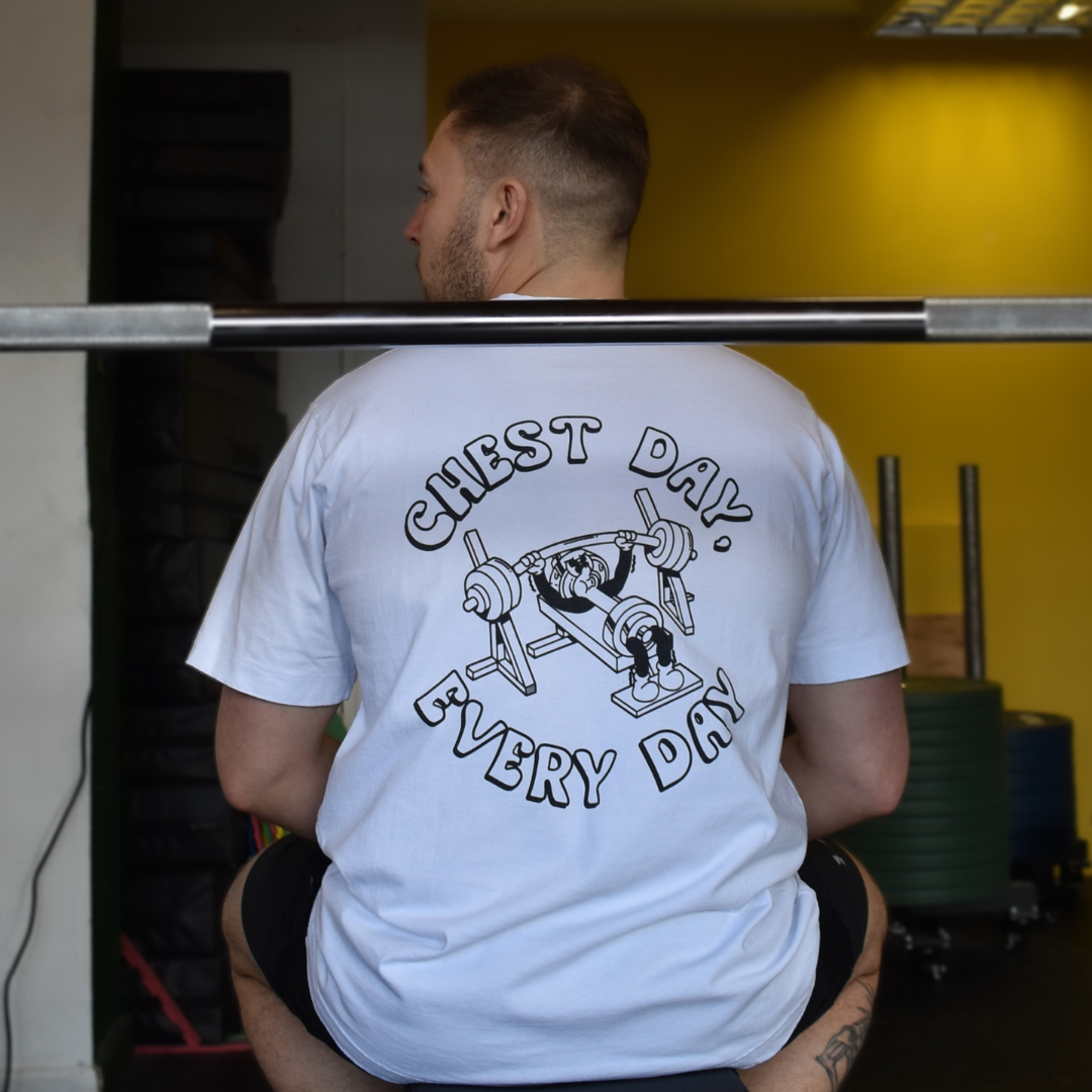 🥈 Chest Day, Every Day - Silver Level on White Oversized - Bench press