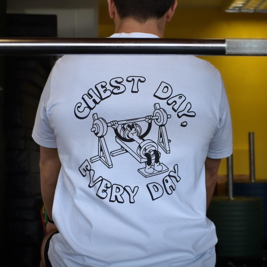 🥉 Chest Day, Every Day - Bronze Level on White Oversized - Bench press