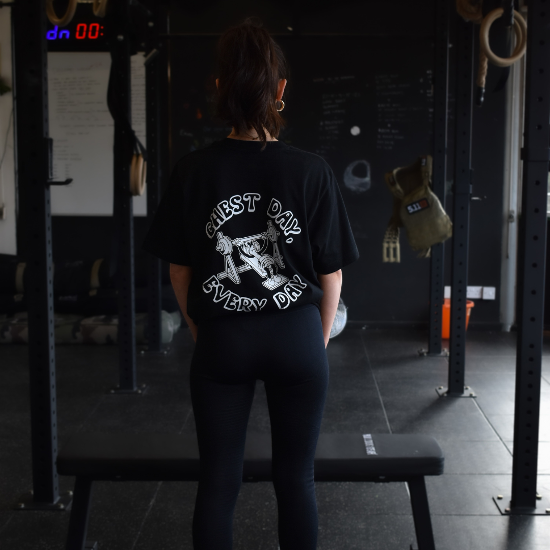 🥉 Chest Day, Every Day - Bronze Level on Black Oversized - Bench press