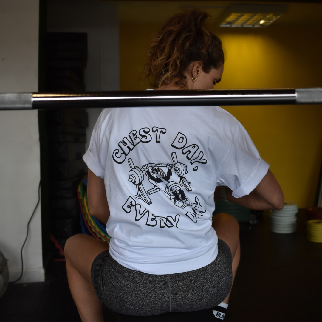 🥈 Chest Day, Every Day - Silver Level on White Oversized - Bench press