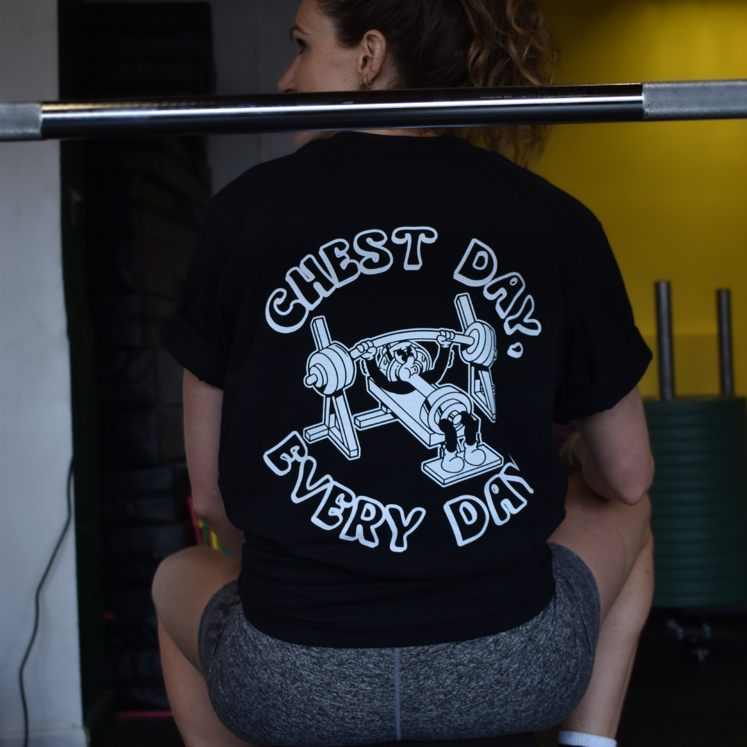 🥈 Chest Day, Every Day - Silver Level on Black Oversized - Bench press