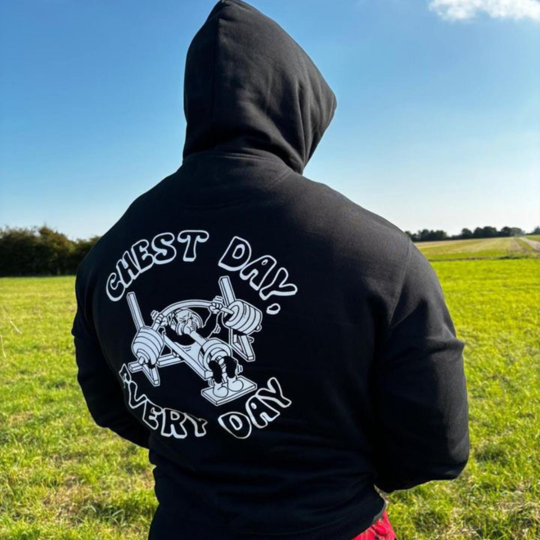 🥇 Chest Day, Every Day - Gold Level on Black Hoodie - Bench press