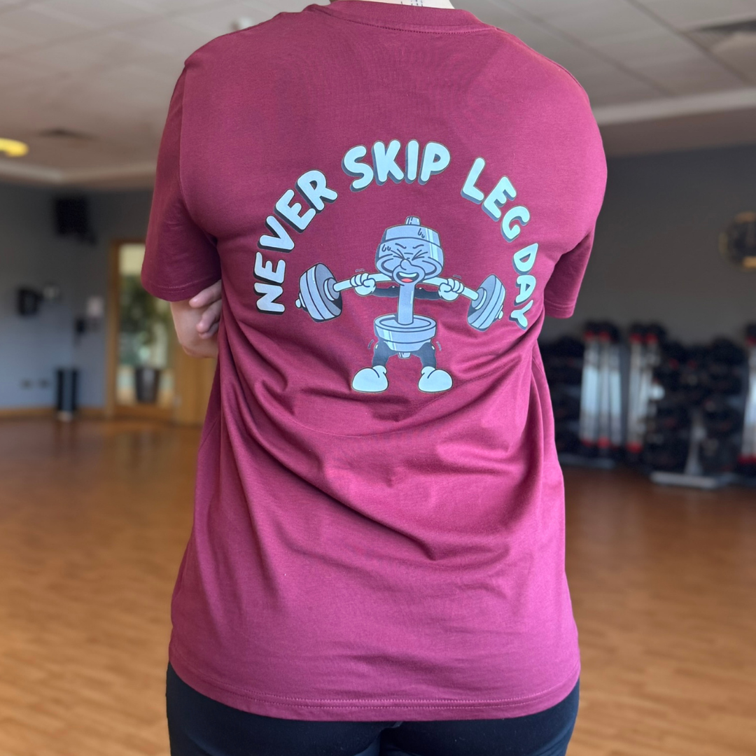 🥈Never Skip Leg Day - Silver Level on Burgundy tee - Squat