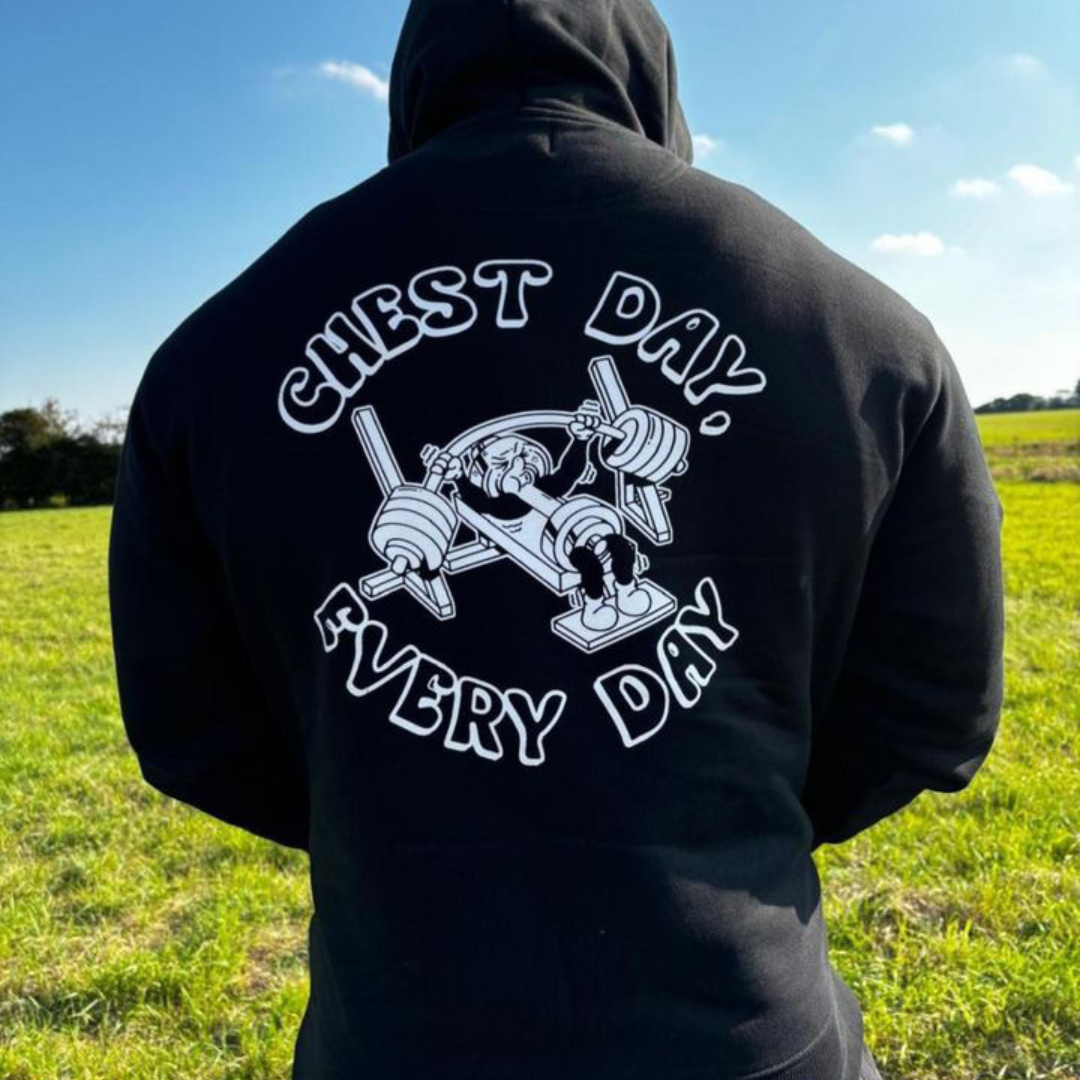 🥇 Chest Day, Every Day - Gold Level on Black Hoodie - Bench press