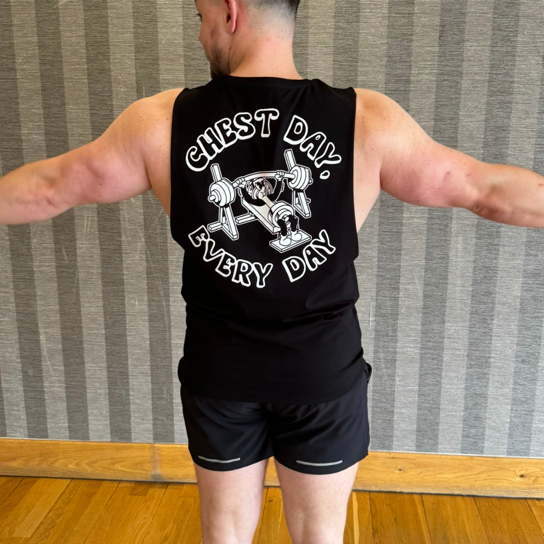 🥈 Chest Day, Every Day - Silver Level on Black Vest - Bench press