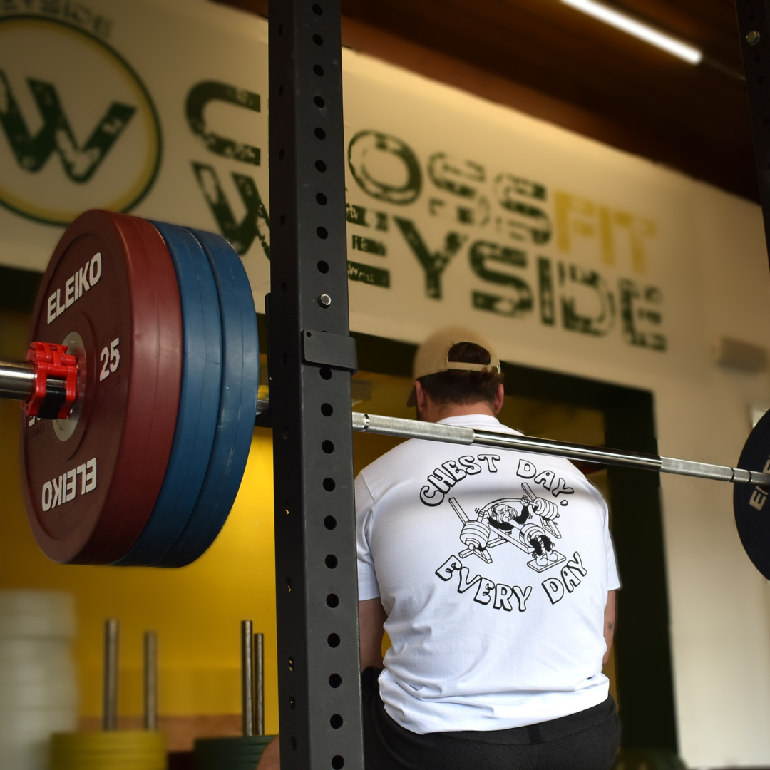 🥇 Chest Day, Every Day - Gold Level on White Oversized - Bench press