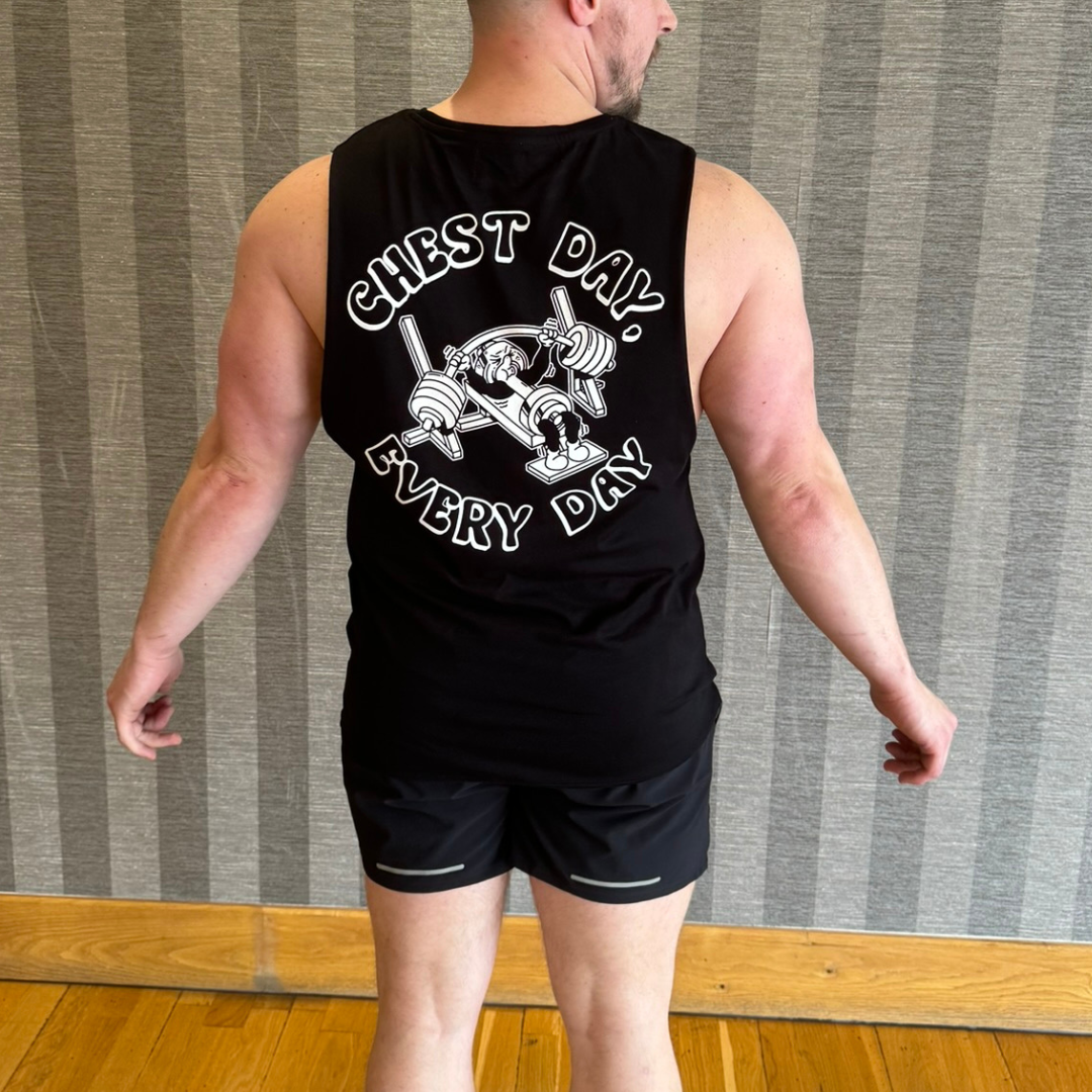 🥇 Chest Day, Every Day - Gold Level on Black Vest - Bench press