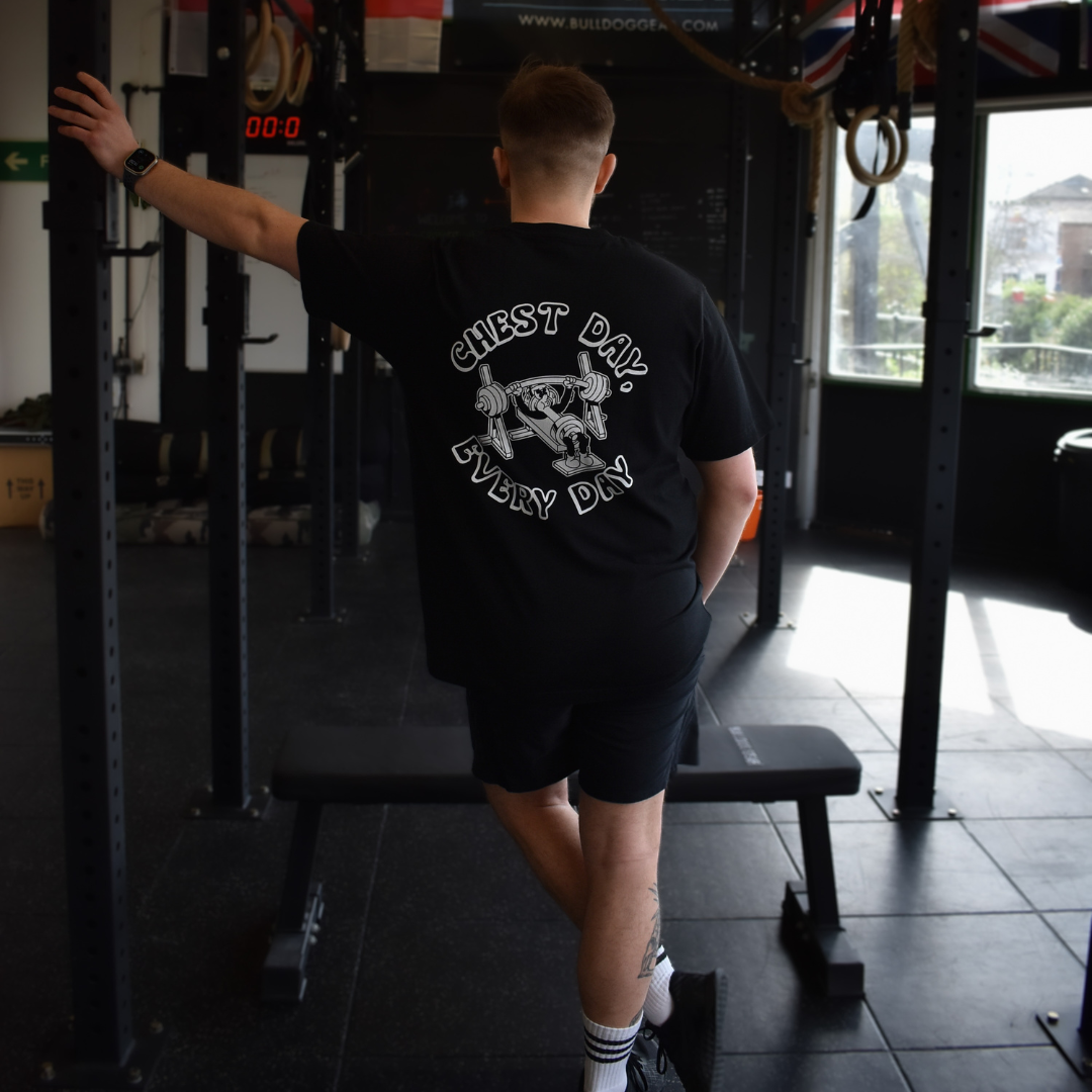 🥈 Chest Day, Every Day - Silver Level on Black Oversized - Bench press