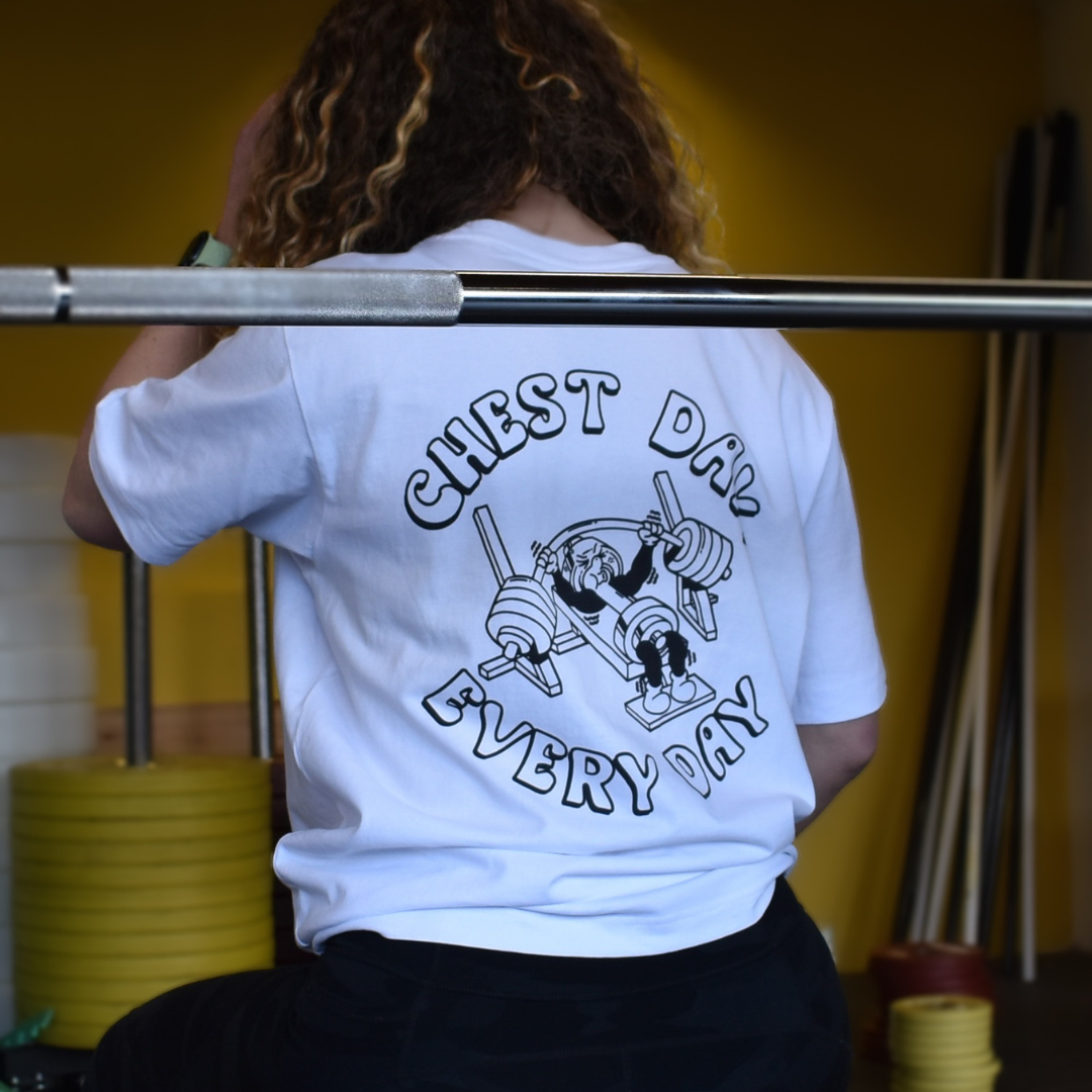 🥇 Chest Day, Every Day - Gold Level on White Oversized - Bench press